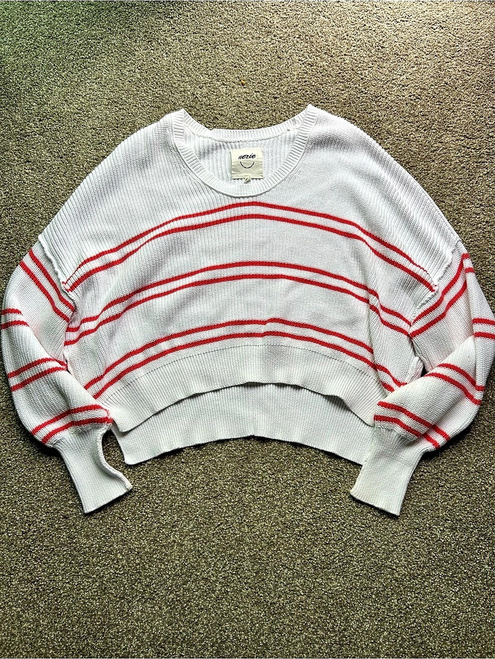 Aerie Striped Crewneck Sweater in White & Red Size Large
